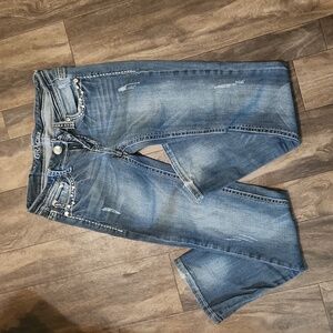 EUC Grace in L.A. Metallic & Crystal Cross Pockets Easy Fit Jeans. Size 27